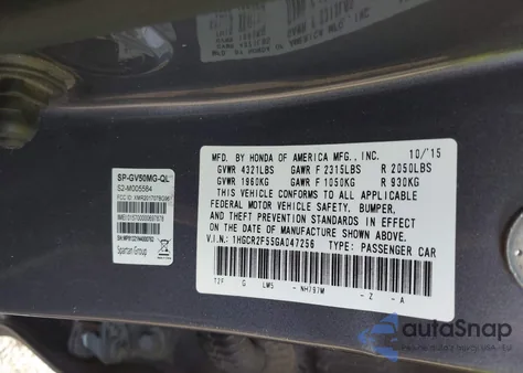 2016 Honda Accord Sport z USA, uszkodzony, nr VIN 1HGCR2F55GA047256